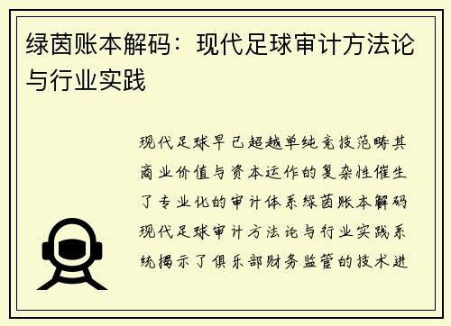 绿茵账本解码：现代足球审计方法论与行业实践